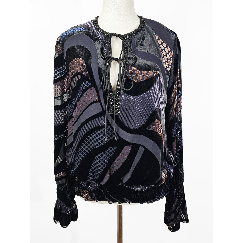 Manyus Large Black Velvet Blouse Vintage Burnout Boho Whimsygoth Artsy